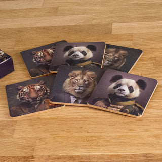 Set of 6 Jungle Animal Head Coasters | Safari Cork Backed Coaster Set - 10cm
