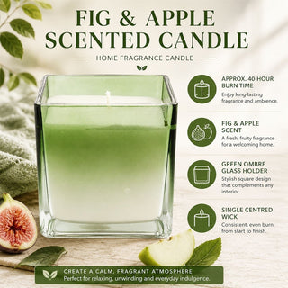 Fig & Apple Scented Candle, 10cm Square Green Ombre Glass Candle