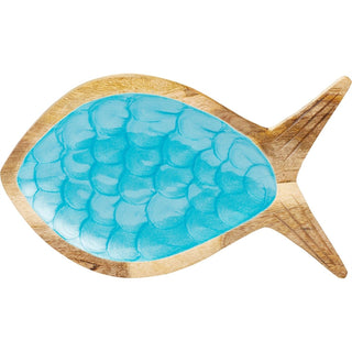 Fish Shaped Blue Enamel Trinket Dish, 30cm Mango Wood Nautical Jewellery Tray
