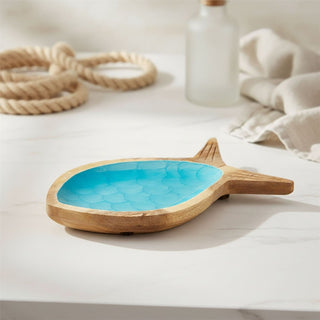 Fish Shaped Blue Enamel Trinket Dish, 30cm Mango Wood Nautical Jewellery Tray