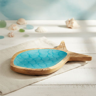 Fish Shaped Blue Enamel Trinket Dish, 30cm Mango Wood Nautical Jewellery Tray