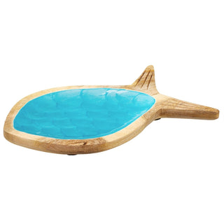Fish Shaped Blue Enamel Trinket Dish, 30cm Mango Wood Nautical Jewellery Tray