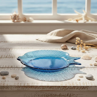 Fish Shaped Glass Dish, 180ml Blue Nautical Snack Serving Bowl 20x17cm