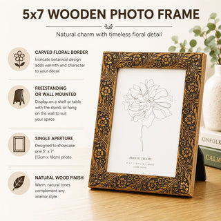 Floral 5x7 Wooden Photo Frame, Freestanding or Wall Mounted Picture Frame