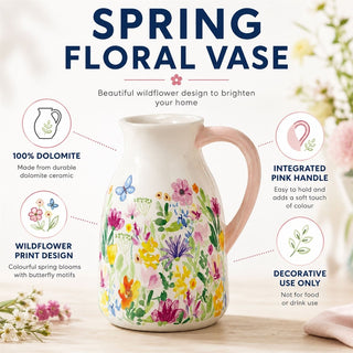 Floral Vase, 18cm Ceramic Flower Jug Multicoloured Pink Handle Spring Home Decor