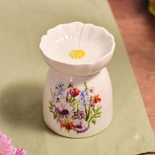 Floral Wax Melt Burner, 11cm White Ceramic Tealight Oil Burner