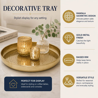 Gold Decorative Tray, 33 cm Round Coffee Table Tray with Mandala Design