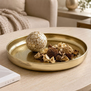 Gold Decorative Tray, 33 cm Round Coffee Table Tray with Mandala Design