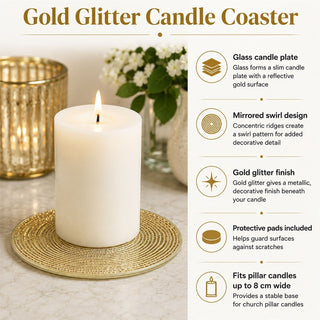 Gold Glitter Candle Coaster, 10cm Glass Candle Plate for Pillar Candles