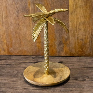 Gold Palm Tree Trinket Dish | Gold Metal & Wood Trinket Tray Vanity Tray Dish