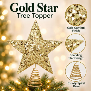 Gold Star Confetti Christmas Tree Topper, Gisela Graham Glitter Decoration 29cm