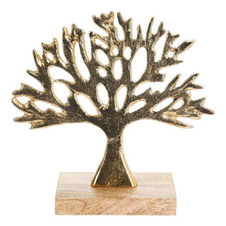 Gold Tree of Life Ornament on Mango Wood Base | Elegant Metal Sculpture - 16cm