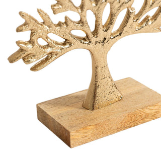 Gold Tree of Life Ornament on Mango Wood Base | Elegant Metal Sculpture - 16cm