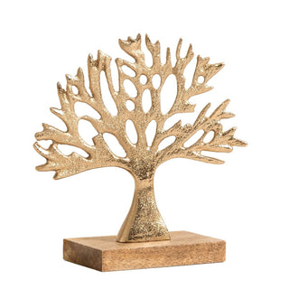 Gold Tree of Life Ornament on Mango Wood Base | Elegant Metal Sculpture - 16cm