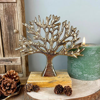 Gold Tree of Life Ornament on Mango Wood Base | Elegant Metal Sculpture - 16cm