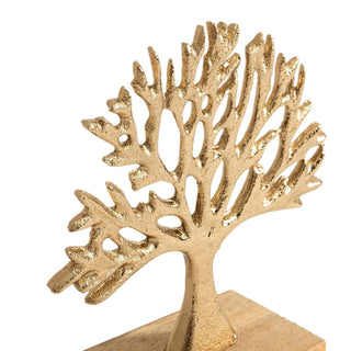 Gold Tree of Life Ornament on Mango Wood Base | Elegant Metal Sculpture - 16cm