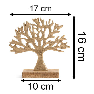 Gold Tree of Life Ornament on Mango Wood Base | Elegant Metal Sculpture - 16cm