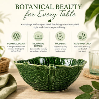 Green Cabbage Leaf Bowl, 17cm Ceramic Serving Bowl with Glossy Leaf Detail