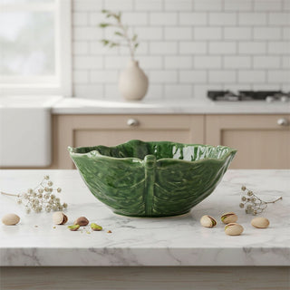 Green Cabbage Leaf Bowl, 17cm Ceramic Serving Bowl with Glossy Leaf Detail