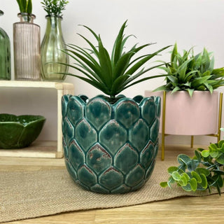 Green Ceramic Artichoke Plant Pot | Madagascar Teal Glazed Round Planter