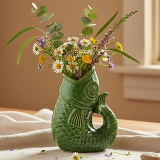 Green Ceramic Fish Shaped Jug, 17cm Nautical Flower Vase Pitcher, Fish Ornament