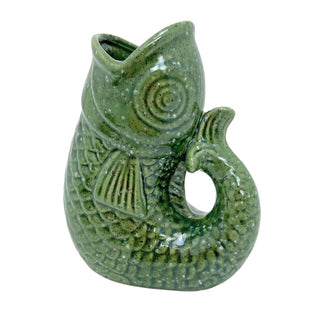 Green Ceramic Fish Shaped Jug, 17cm Nautical Flower Vase Pitcher, Fish Ornament