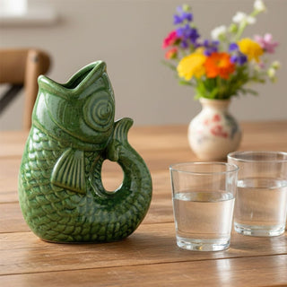 Green Ceramic Fish Shaped Jug, 17cm Nautical Flower Vase Pitcher, Fish Ornament