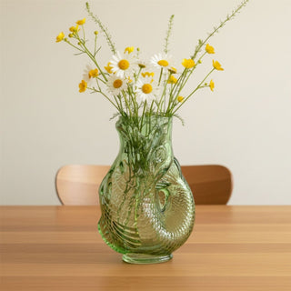 Green Glass Fish Jug, 20cm Coloured Glass Pitcher Vase Nautical Fish Ornament
