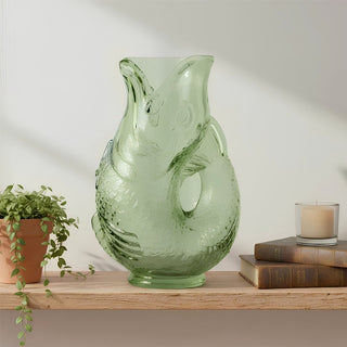 Green Glass Fish Jug, 20cm Coloured Glass Pitcher Vase Nautical Fish Ornament
