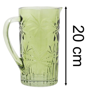 Green Glass Water Jug, 1 Litre Palm Embossed Drinks Pitcher Flower Vase 20cm