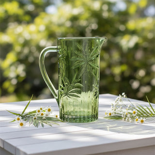 Green Glass Water Jug, 1 Litre Palm Embossed Drinks Pitcher Flower Vase 20cm