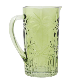Green Glass Water Jug, 1 Litre Palm Embossed Drinks Pitcher Flower Vase 20cm