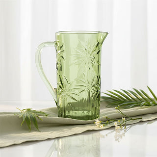 Green Glass Water Jug, 1 Litre Palm Embossed Drinks Pitcher Flower Vase 20cm