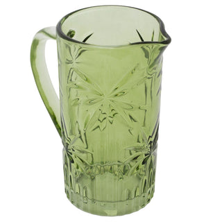 Green Glass Water Jug, 1 Litre Palm Embossed Drinks Pitcher Flower Vase 20cm