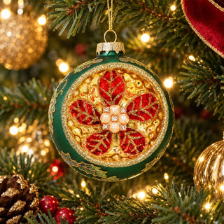 Green & Gold Concave Glass Christmas Bauble, Gisela Graham Poinsettia 8cm
