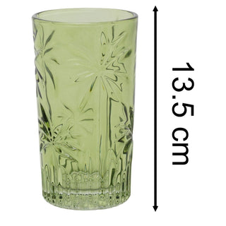 Green Highball Tumbler Glass, 330ml Tropical Palm Embossed Drinking Glass