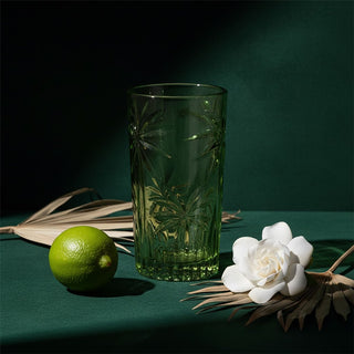 Green Highball Tumbler Glass, 330ml Tropical Palm Embossed Drinking Glass