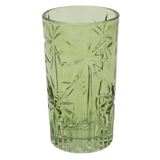 Green Highball Tumbler Glass, 330ml Tropical Palm Embossed Drinking Glass