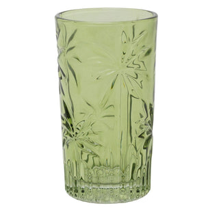 Green Highball Tumbler Glass, 330ml Tropical Palm Embossed Drinking Glass