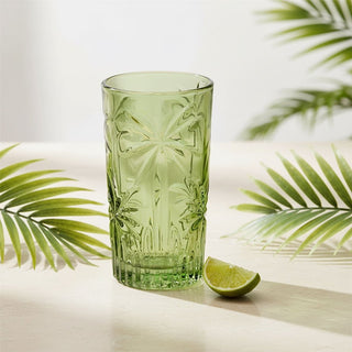 Green Highball Tumbler Glass, 330ml Tropical Palm Embossed Drinking Glass