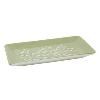 Green Leaf Trinket Dish, 21cm Ceramic Rectangular Jewellery Vanity Tray