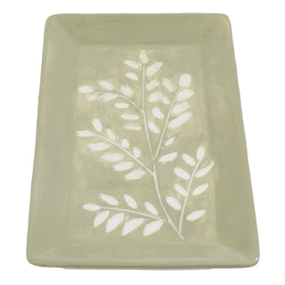 Green Leaf Trinket Dish, 21cm Ceramic Rectangular Jewellery Vanity Tray