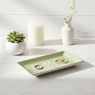 Green Leaf Trinket Dish, 21cm Ceramic Rectangular Jewellery Vanity Tray