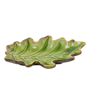 Green Oak Leaf Trinket Dish | 15cm Rustic Ceramic Botanical Leaf Trinket Tray