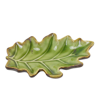 Green Oak Leaf Trinket Dish | 15cm Rustic Ceramic Botanical Leaf Trinket Tray
