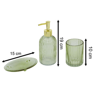 Green Ribbed Glass Bathroom Set, 3 Piece Soap Dispenser Tumbler and Soap Dish