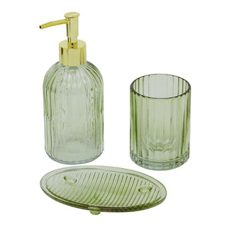 Green Ribbed Glass Bathroom Set, 3 Piece Soap Dispenser Tumbler and Soap Dish