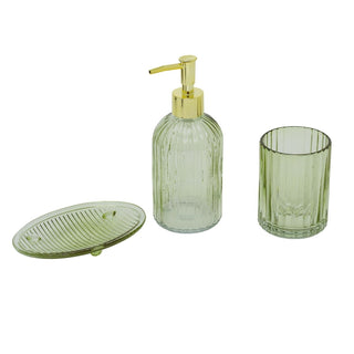 Green Ribbed Glass Bathroom Set, 3 Piece Soap Dispenser Tumbler and Soap Dish
