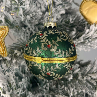 Green & Sparkling Silver Locket Bauble | Christmas Tree Hanging Ornament - 8cm