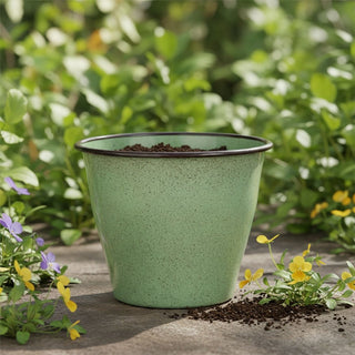 Green Speckled Metal Plant Pot 17cm Round Reactive Glaze Effect Outdoor Garden Planter